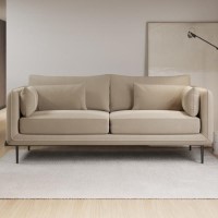 Beige Velvet 3 Seater Sofa with Square Arms - Lenny