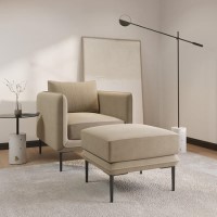 Beige Velvet Armchair and Footstool Set - Lenny