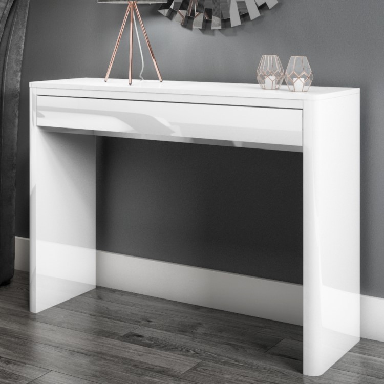 Slim White High Gloss Curved Console Table Drawer - Lexi