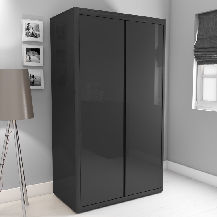 Dark Grey High Gloss 2 Door Double Wardrobe with Curved Edges - Lexi