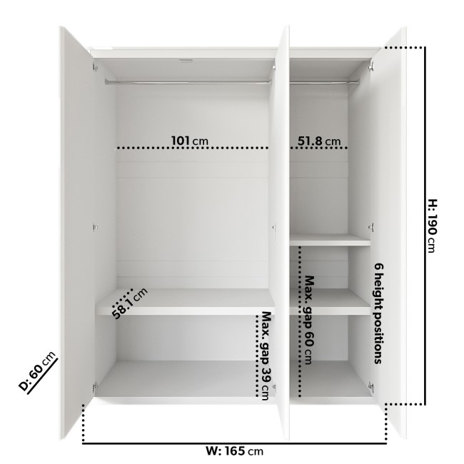 White Gloss 3 Door Mirrored Wardrobe with Soft Close Doors - Lexi