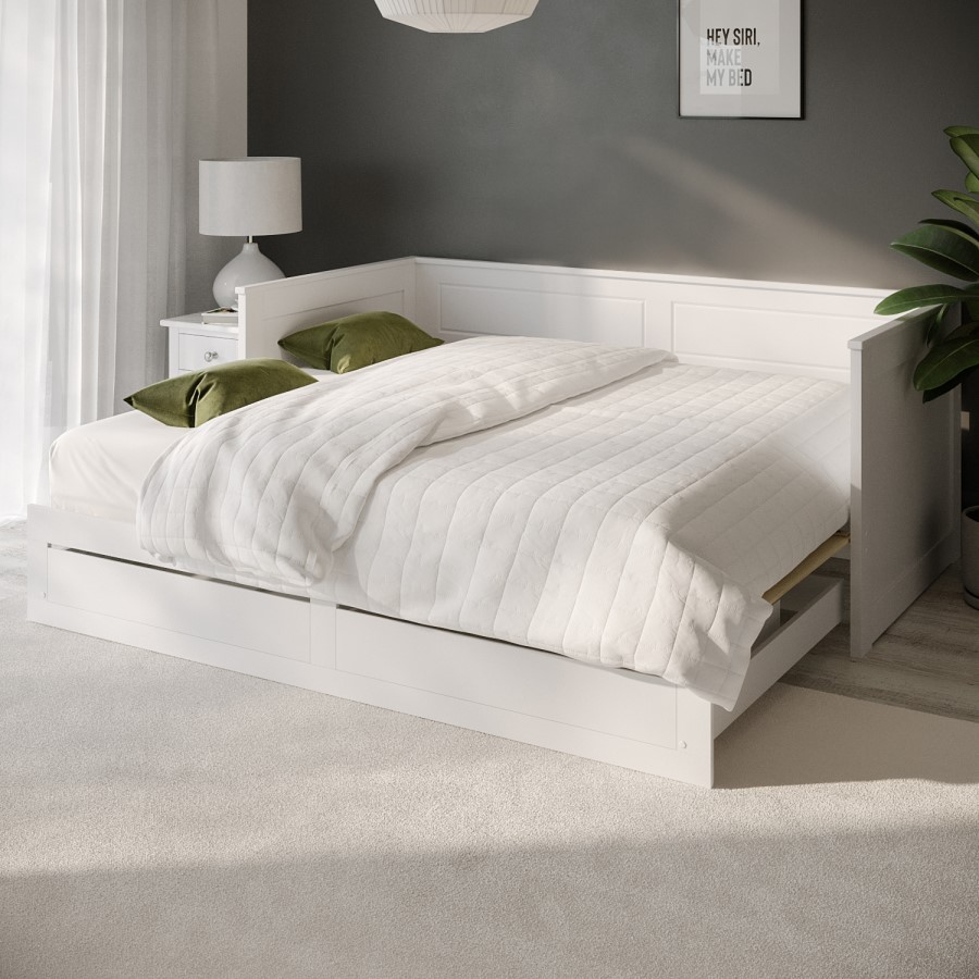 ONLY OPENED - Single Wooden Day Bed with Trundle and Storage in White - Lincoln