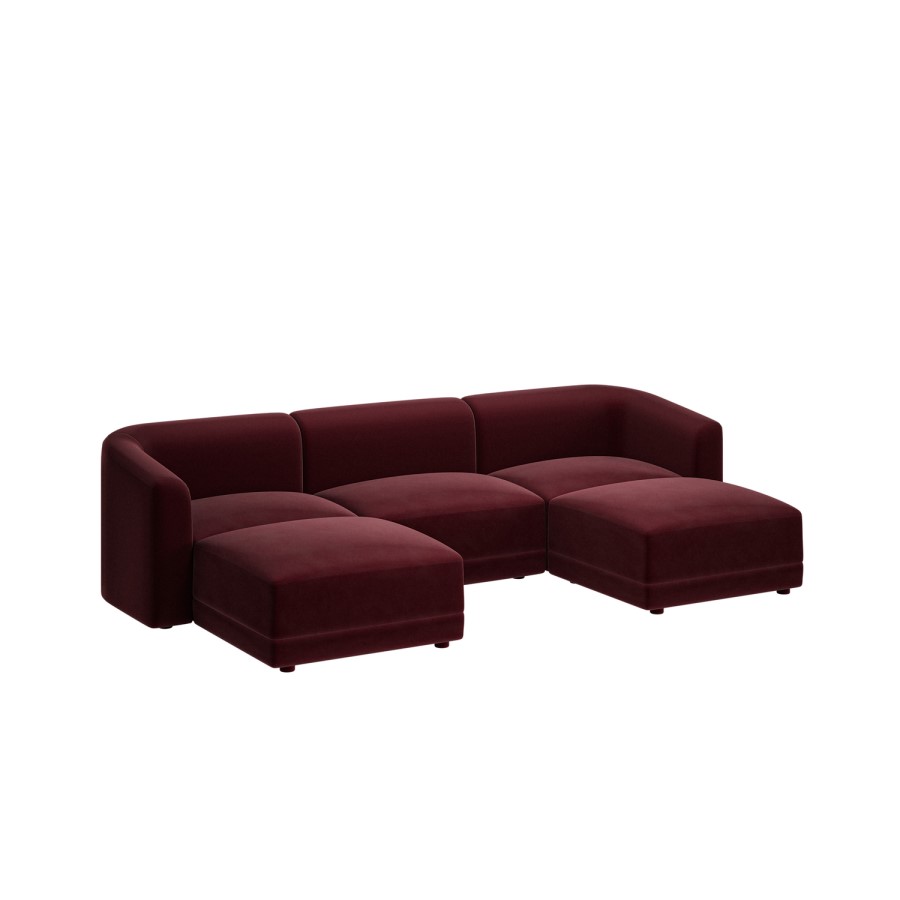 Large Burgundy Velvet 4-Seater U-Shape Modular Chaise Sofa - Laine