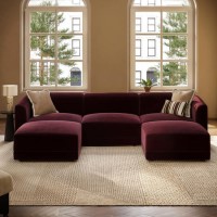 Large Burgundy Velvet 4-Seater U-Shape Modular Chaise Sofa - Laine