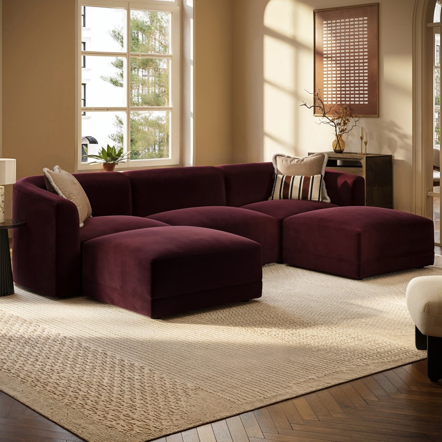 Large Burgundy Velvet 4-Seater U-Shape Modular Chaise Sofa - Laine