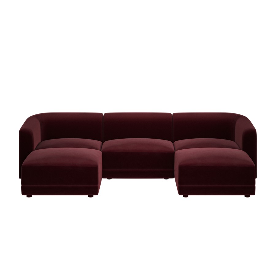 Large Burgundy Velvet 4-Seater U-Shape Modular Chaise Sofa - Laine