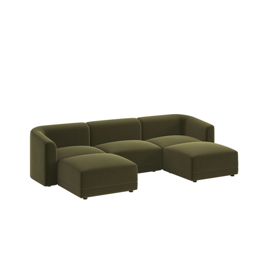 Large Olive Green Velvet 4-Seater U-Shape Modular Chaise Sofa - Laine