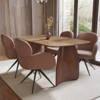 Walnut Curved Leg Dining Table Set with 4 Rust Boucle Swivel Dining Chairs - Leona Walnut Curved Leg Dining Table Set with 4 Rust Boucle Swivel Dining Chairs - Leona