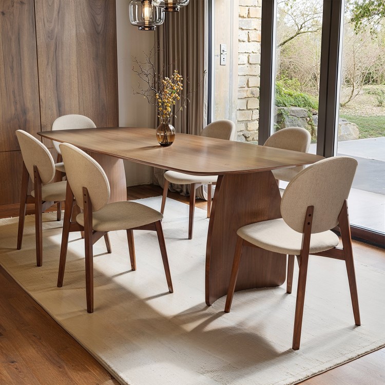 Walnut Curved Leg Dining Table with 6 Cream Dining Chairs - Leona