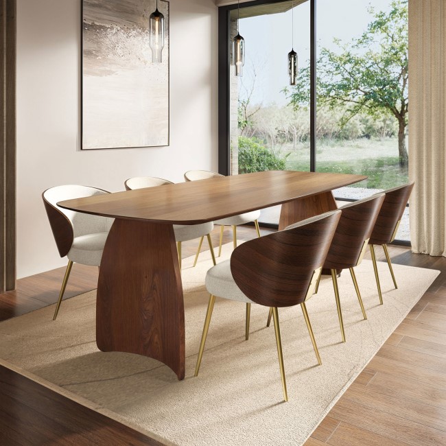 Walnut Curved Leg Dining Table Set with 6 Beige Upholstered Chairs - Seats 6 - Leona