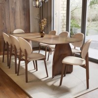 Rectangular Walnut Curved Leg Dining Table Set with 8 Cream Upholstered Chairs - Seats 8 - Leona