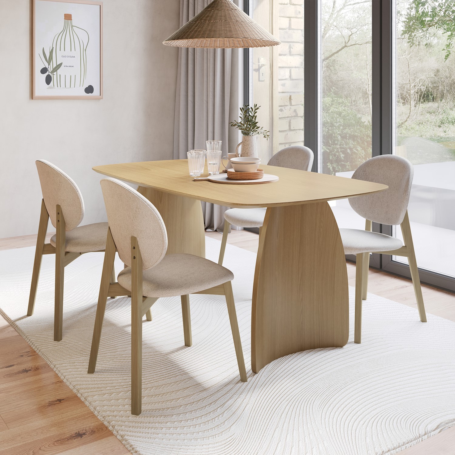 Rectangular Oak Curved Leg Dining Table Set 4 Upholstered Chairs Seats 4