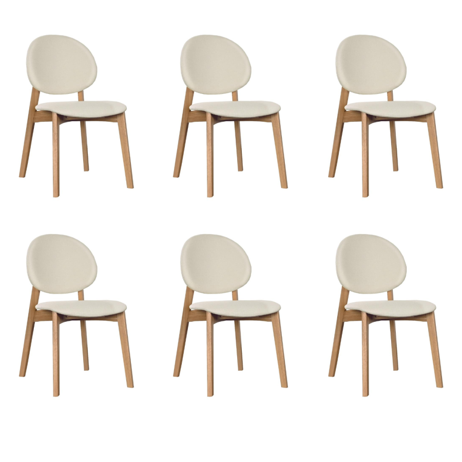 Set of 6 Cream Upholstered Dining Chairs with Oak Legs - Leona