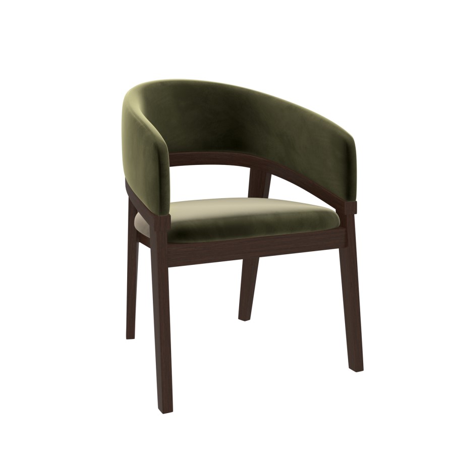 Set of 2 Walnut & Olive Green Velvet Curved Dining Chairs - Owen