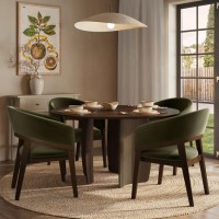 Round Walnut Dining Table Set with 4 Olive Green Velvet Chairs - Seats 4 - Leona