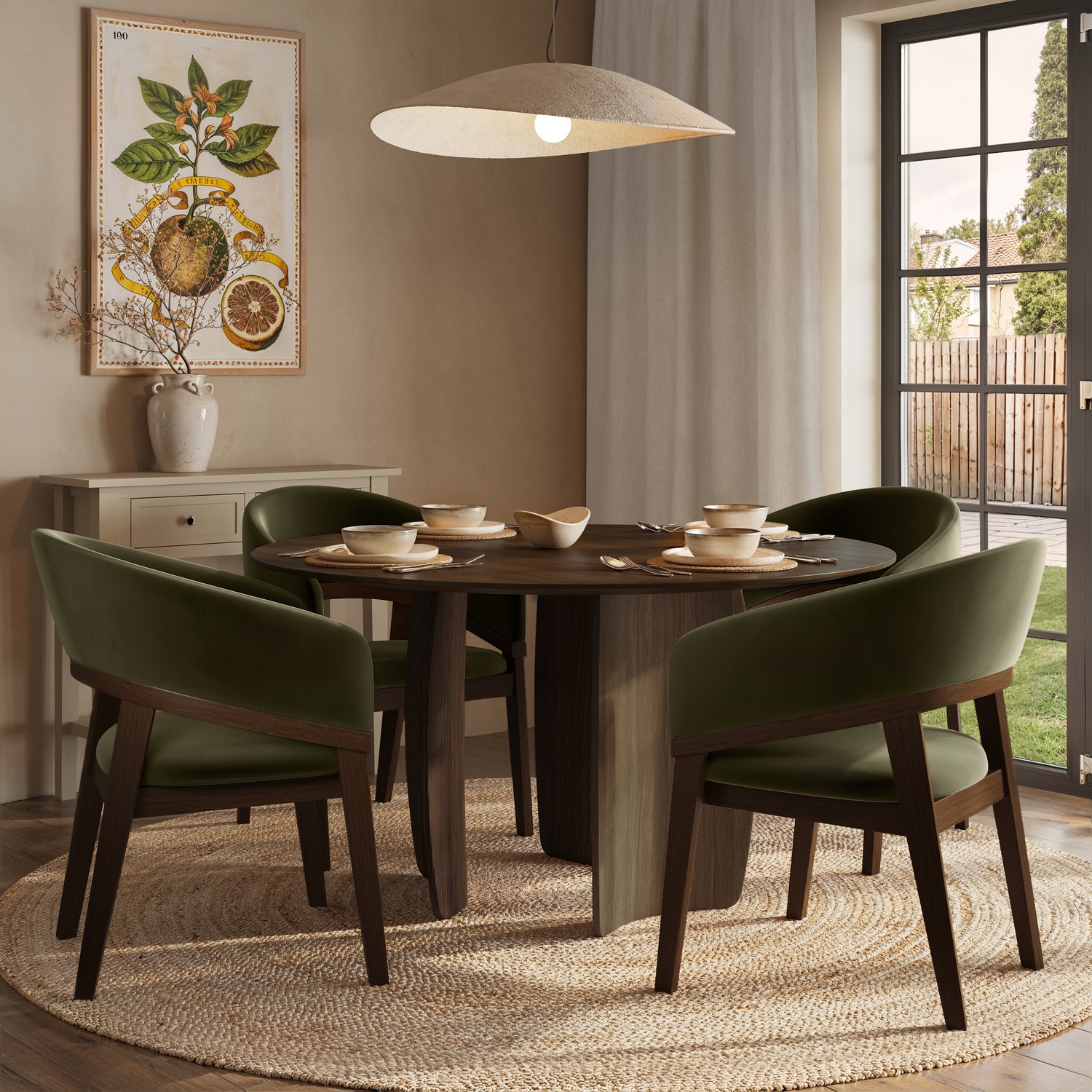 Round Walnut Dining Table Set 4 Olive Green Velvet Chairs Seats 4