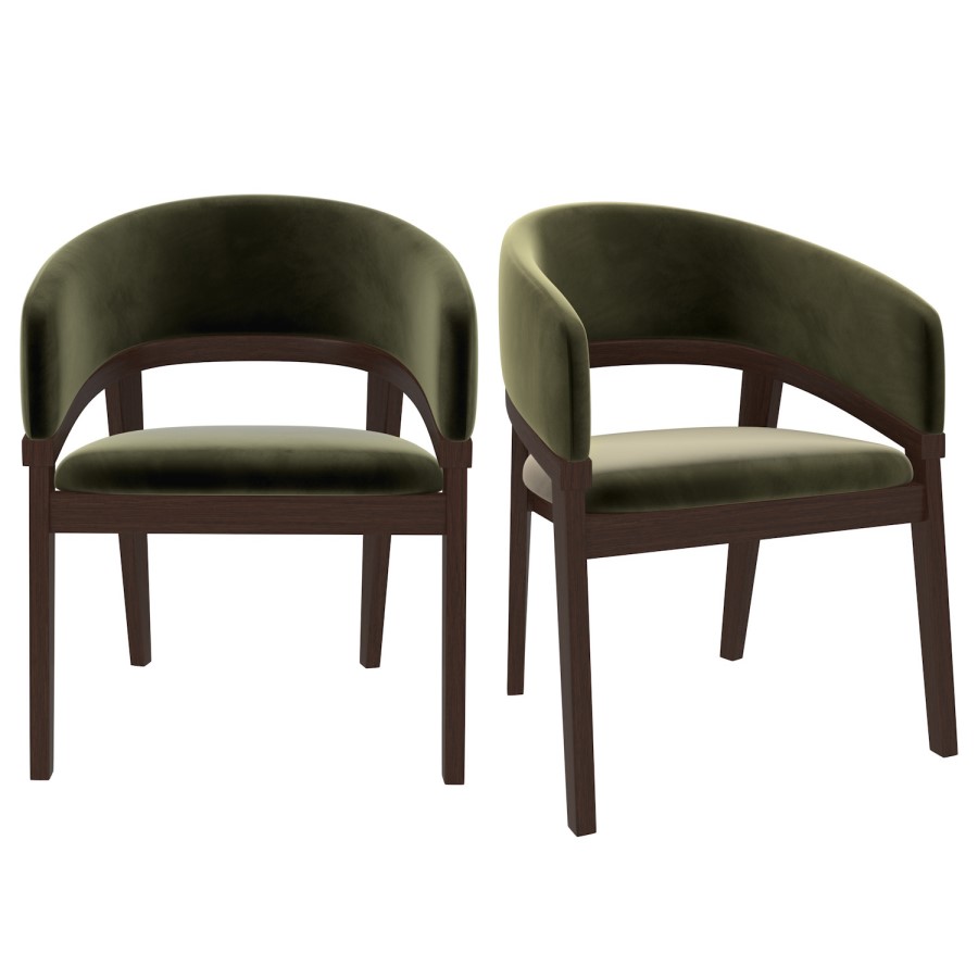 Set of 2 Walnut & Olive Green Velvet Curved Dining Chairs - Owen