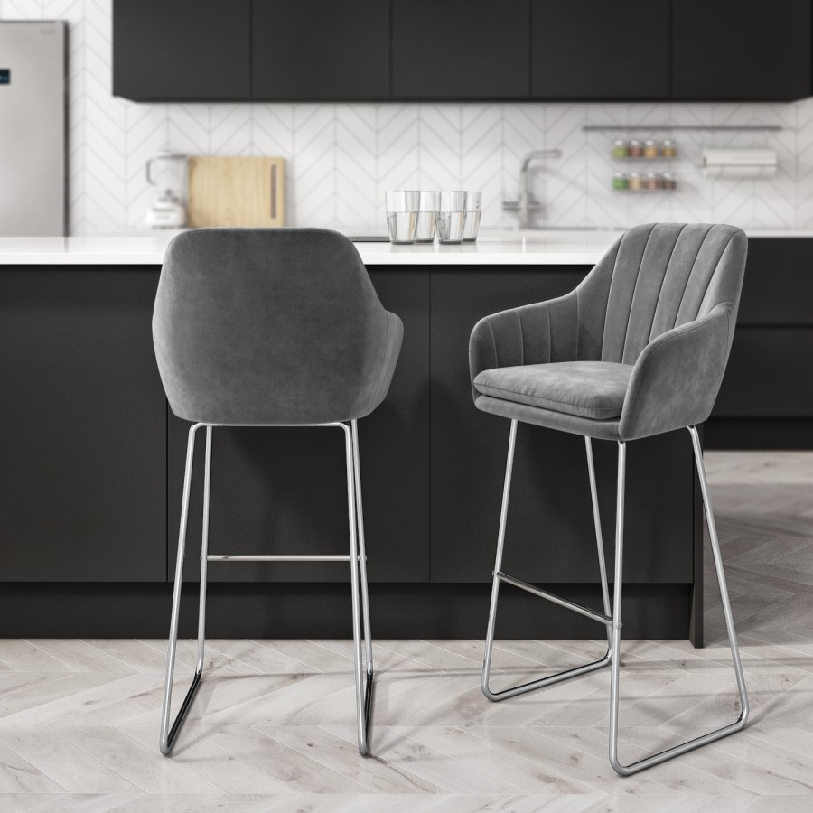 Set of 2 Grey Velvet Bar Stools with Backs - 77cm - Logan