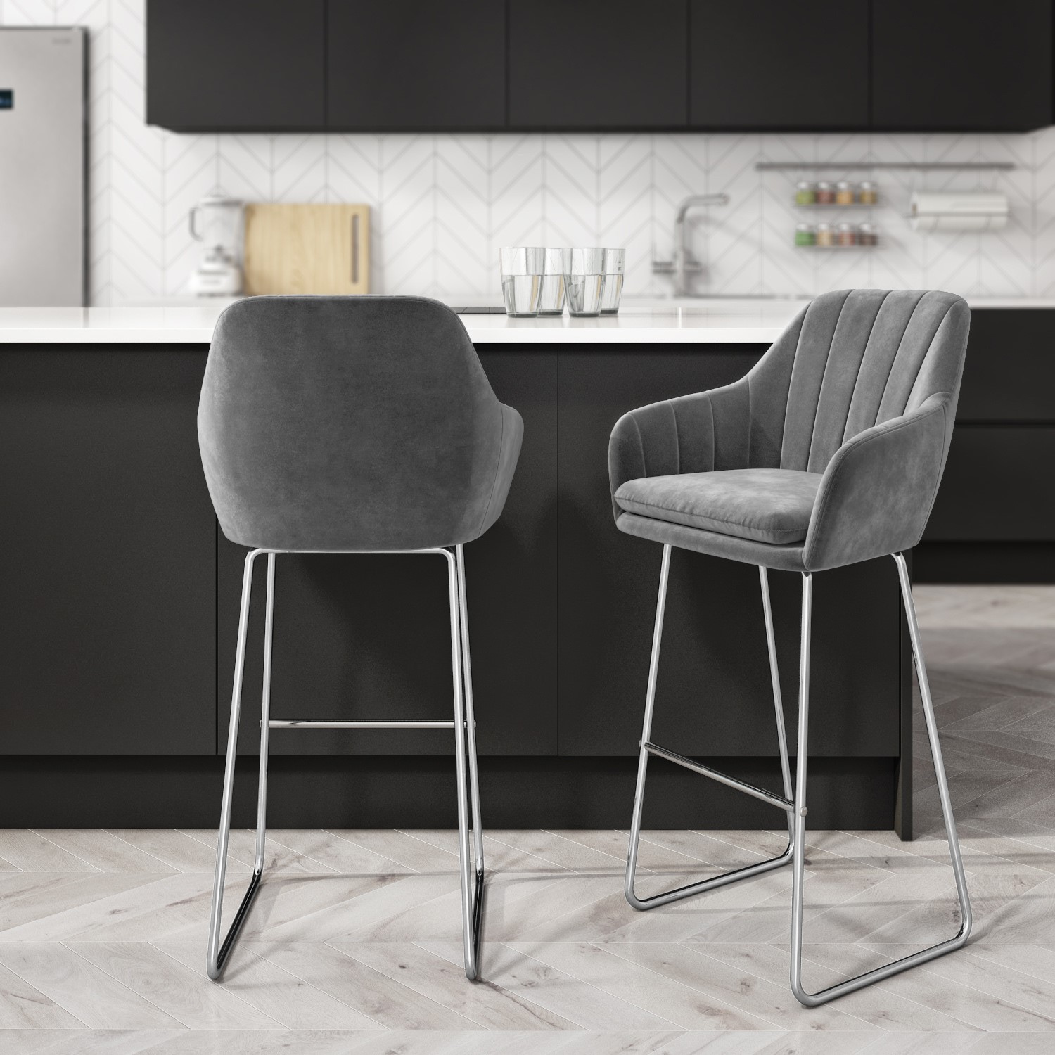 Set of 2 Grey Velvet Bar Stools with Backs - 77cm - Logan - Furniture123
