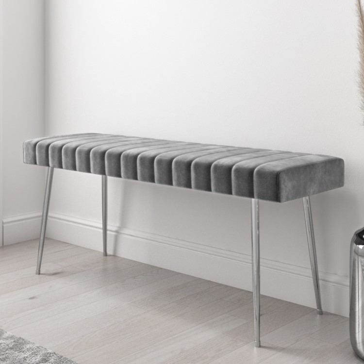 Large Grey Velvet Hallway Bench with Chrome Legs - Seats 2 - Logan