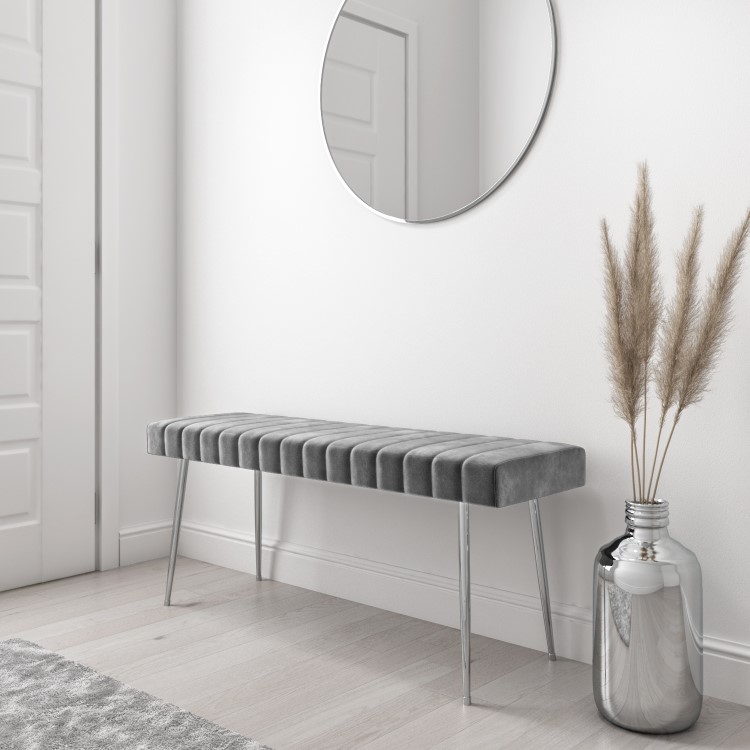 Large Grey Velvet Hallway Bench with Chrome Legs - Seats 2 - Logan