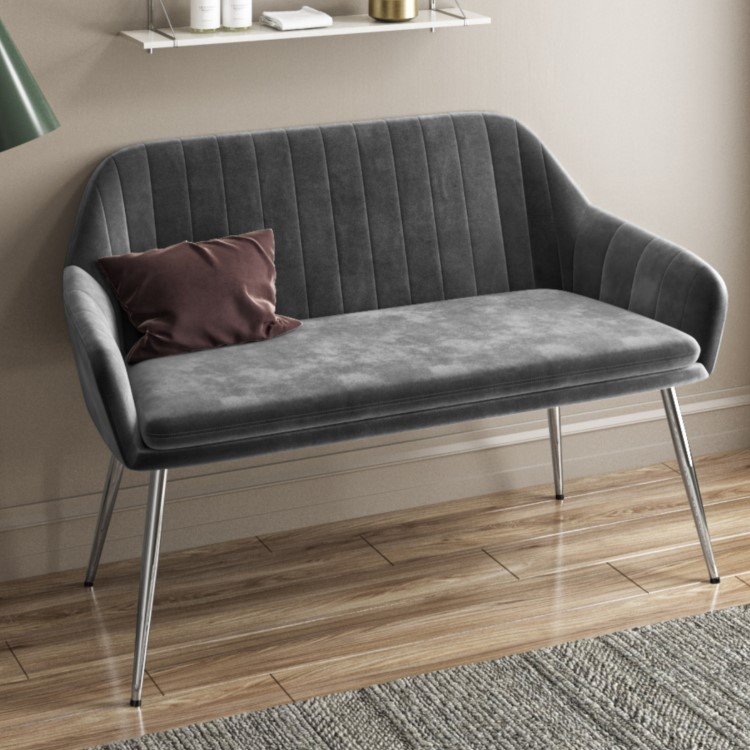 Large Grey Velvet Hallway Bench with Back - Seats 2 - Logan