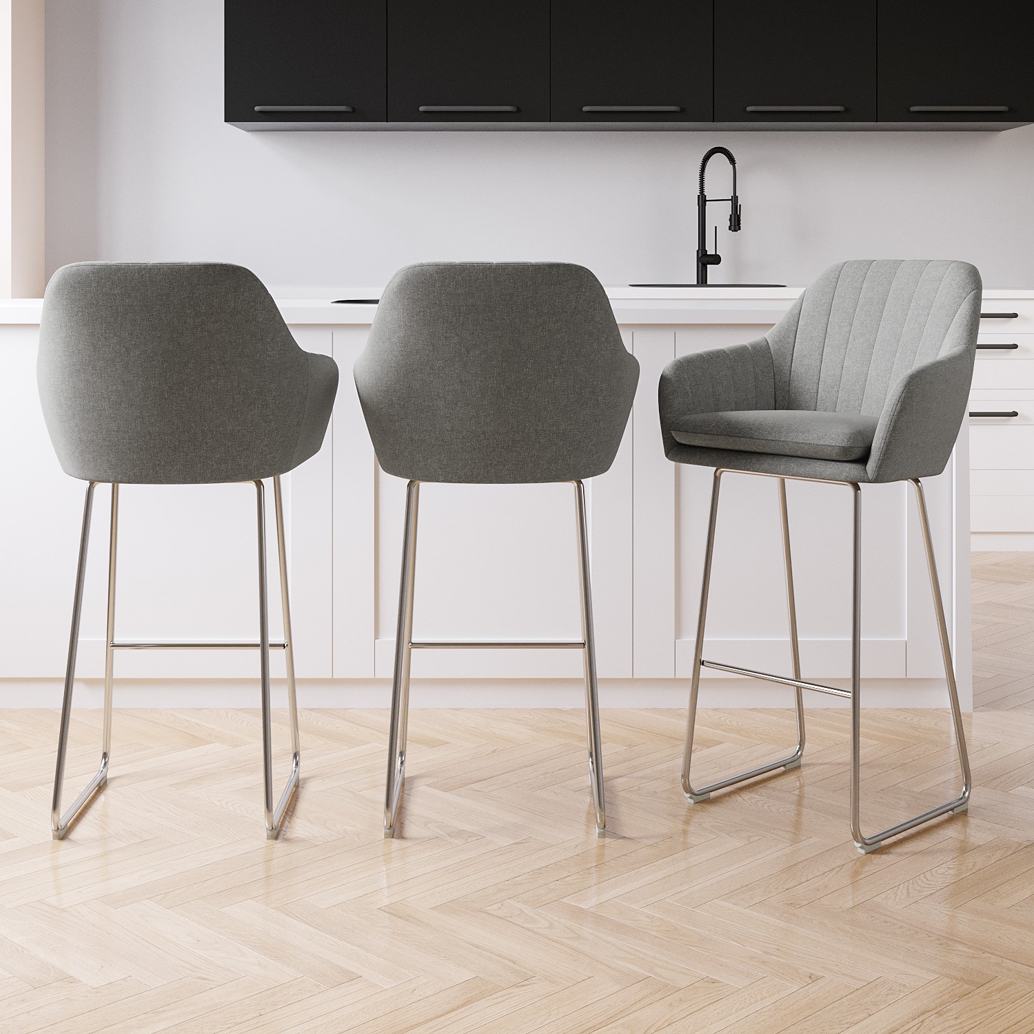 Photo of Set of 3 grey fabric bar stool with back - 77cm - logan