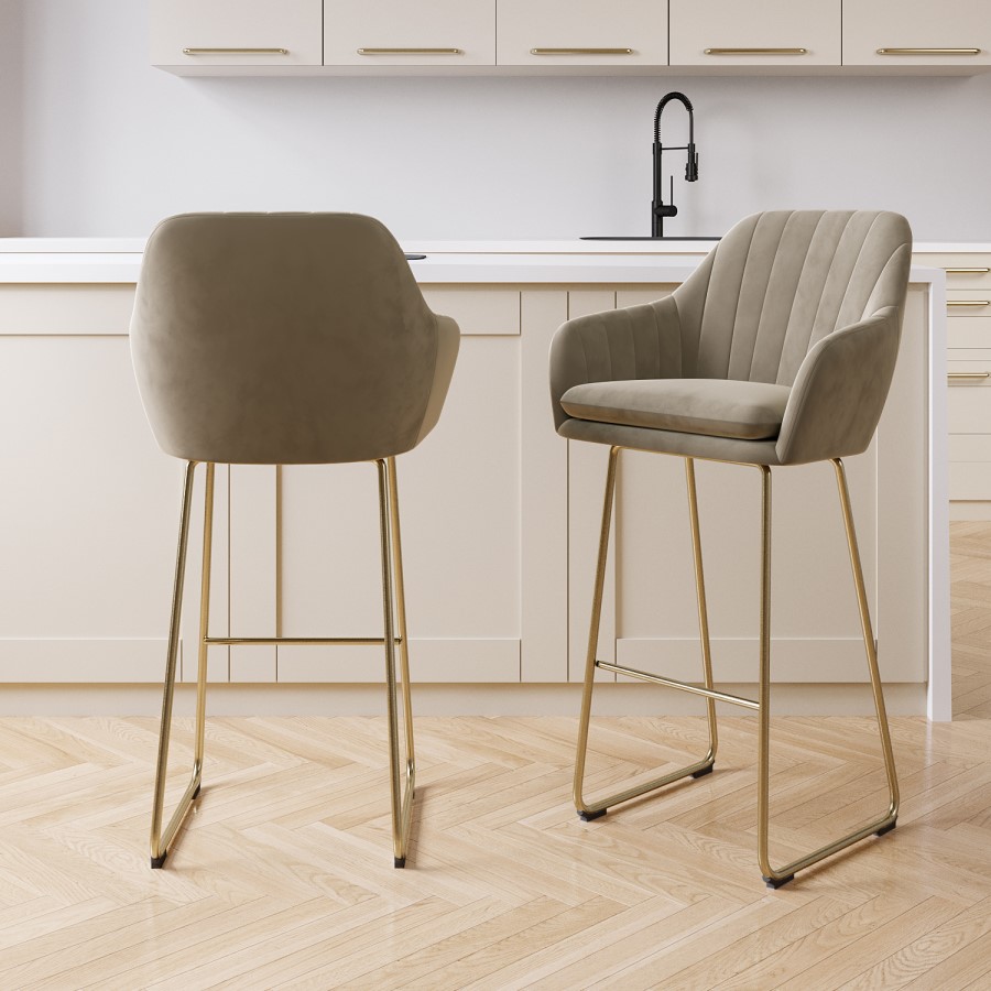 Set of 2 Mink Matt Velvet Bar Stool with Brass Legs - 77cm - Logan