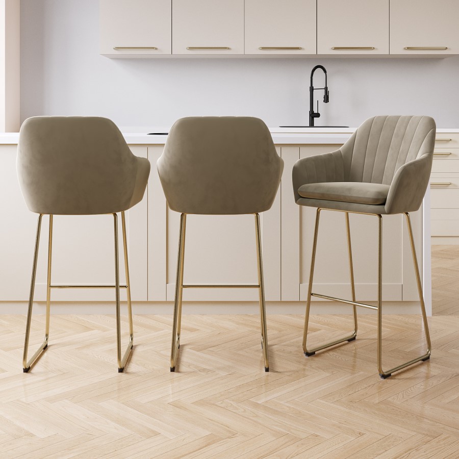 Set of 3 Mink Matt Velvet Bar Stool with Brass Legs - 77cm - Logan