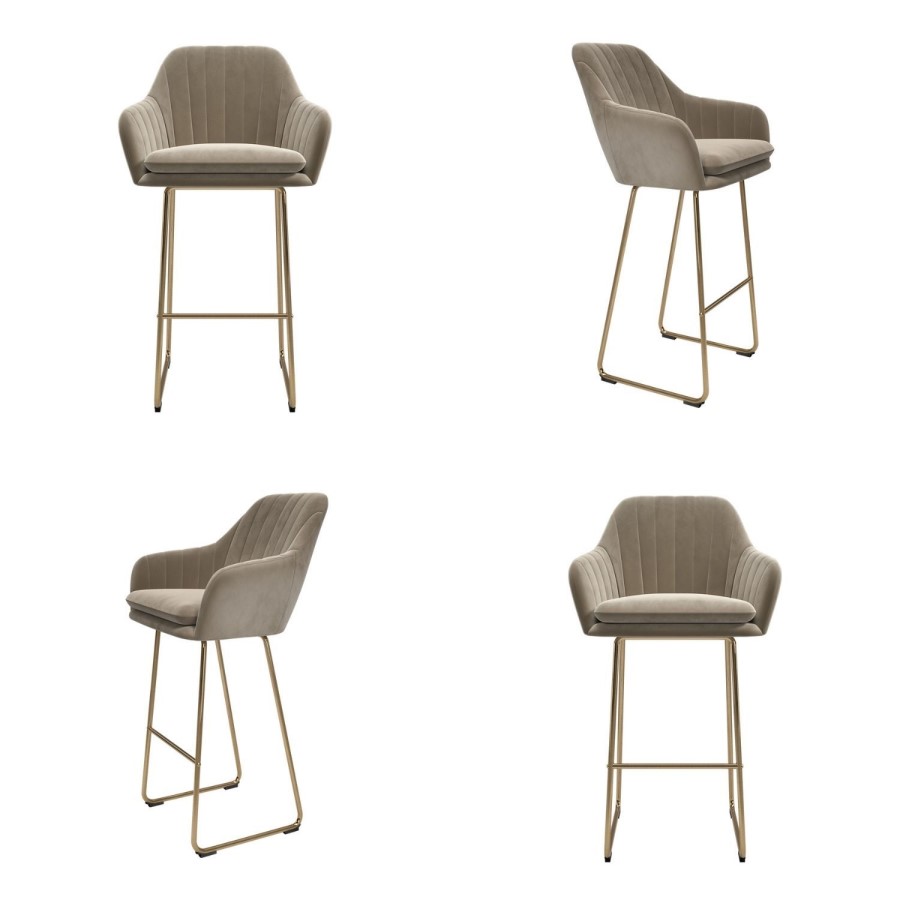 Set of 4 Mink Matt Velvet Bar Stool with Brass Legs - 77cm - Logan