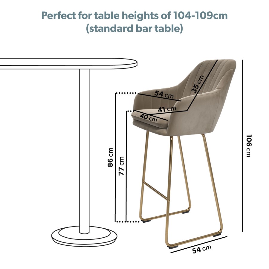 Set of 4 Mink Matt Velvet Bar Stool with Brass Legs - 77cm - Logan