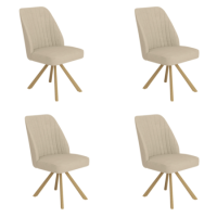 Set of 4 Beige Upholstered Swivel Dining Chairs with Oak Effect Legs - Logan