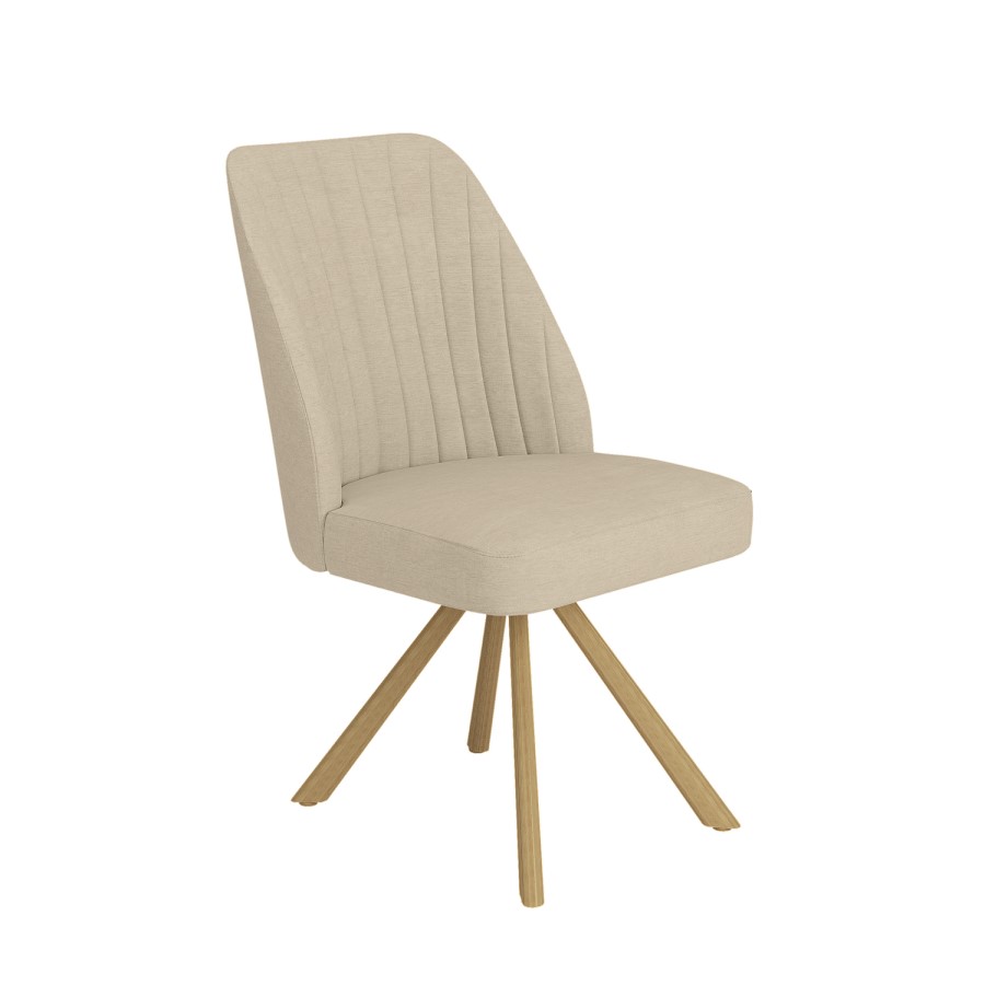 Set of 4 Beige Upholstered Swivel Dining Chairs with Oak Effect Legs - Logan