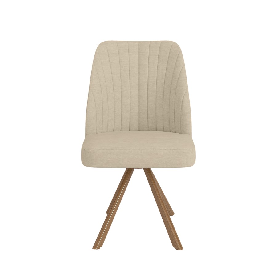 Set of 2 Beige Upholstered Swivel Dining Chairs with Walnut Effect Legs - Logan