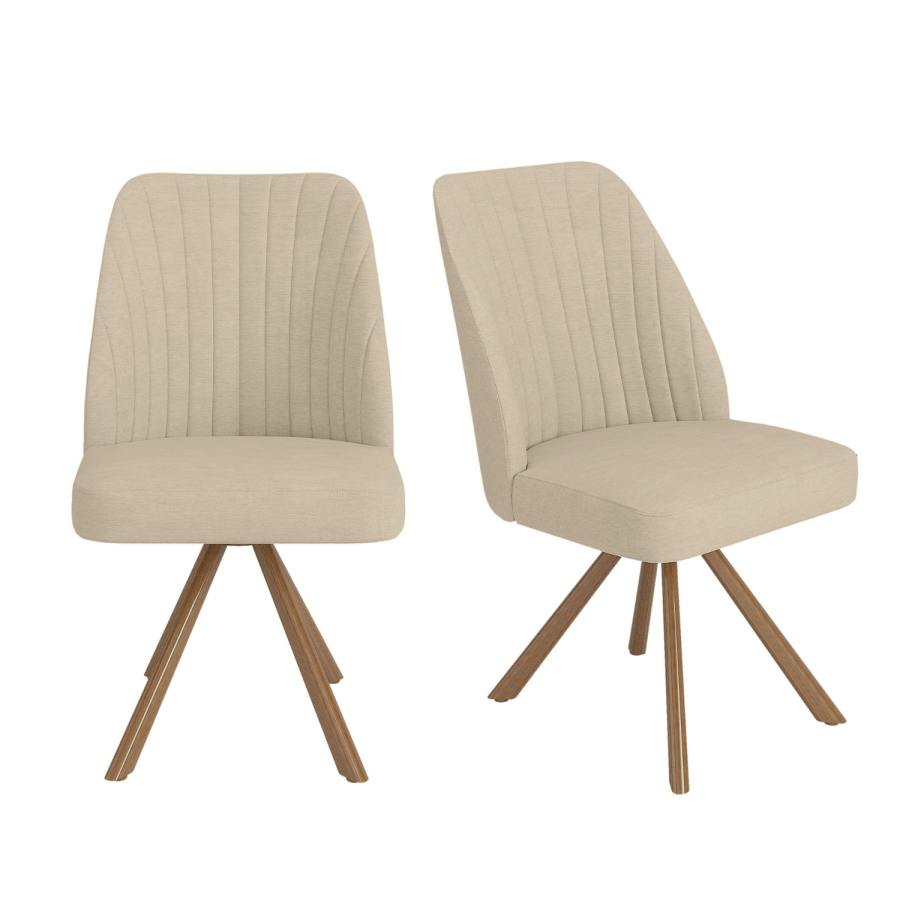 Set of 2 Beige Upholstered Swivel Dining Chairs with Walnut Effect Legs - Logan
