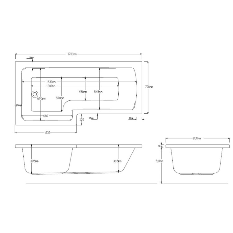 L Shape Whirlpool Spa Shower Bath Left Hand 1700 x 850mm - Lomax