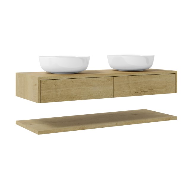 1200mm Wood Effect Wall Hung Double Countertop Vanity Unit with Round Basin and Shelf - Lugo