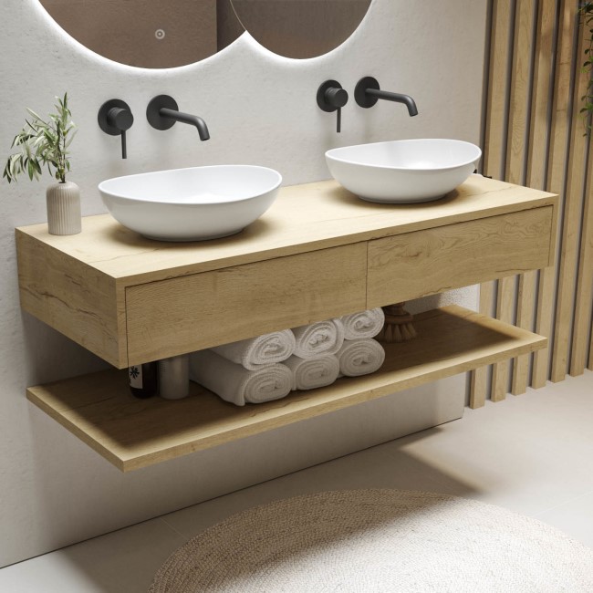 1200mm Wood Effect Wall Hung Double Countertop Vanity Unit with Oval Basin and Shelf - Lugo