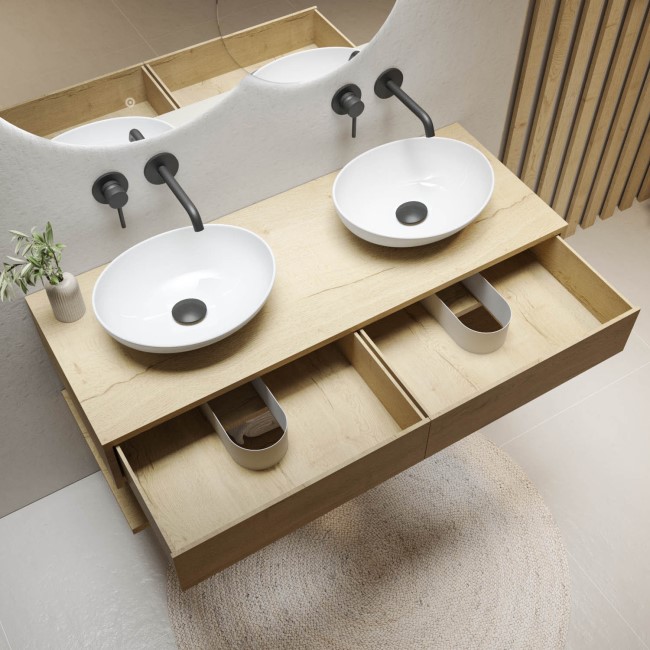 1200mm Wood Effect Wall Hung Double Countertop Vanity Unit with Oval Basin and Shelf - Lugo