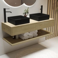 1200mm Oak Wall Hung Countertop Double Vanity Unit with Black Square Basin and Shelf - Lugo