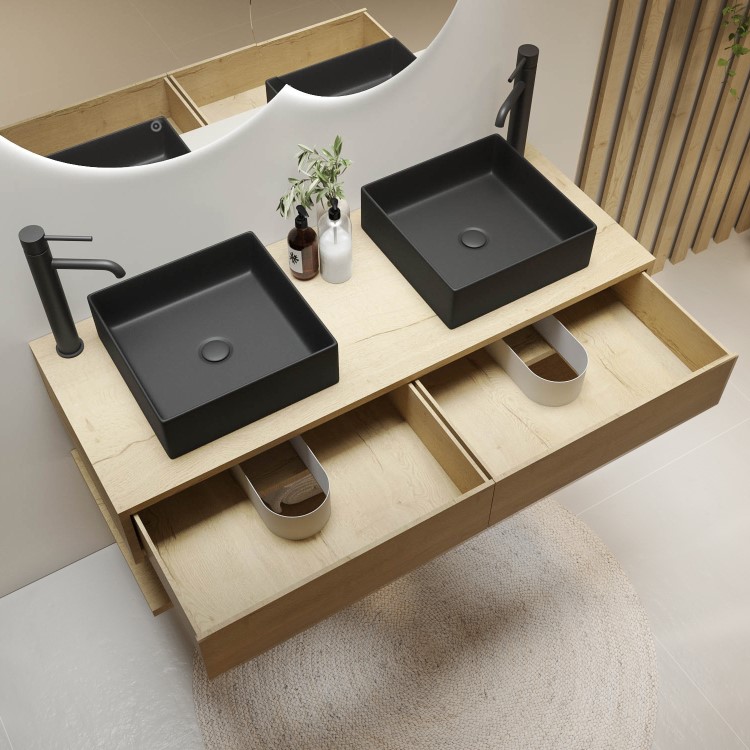 1200mm Oak Wall Hung Countertop Double Vanity Unit with Black Square Basin and Shelf - Lugo