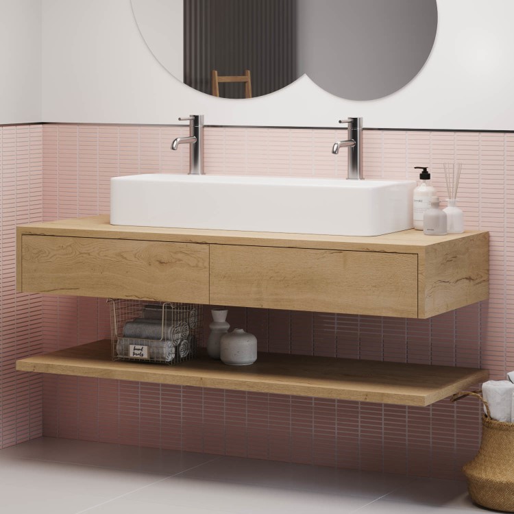 1200mm Wood Effect Wall Hung Double Countertop Vanity Unit with Basin and Shelf - Lugo