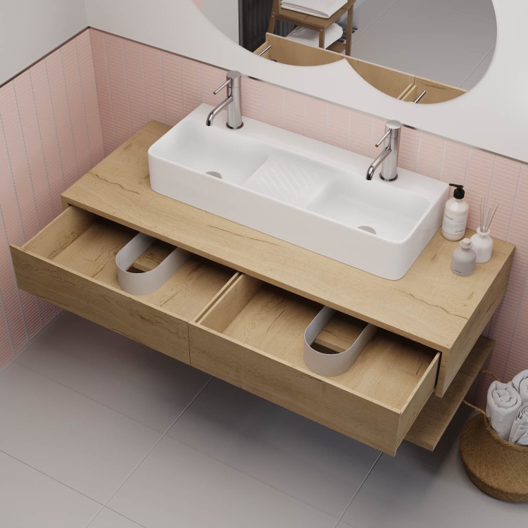 1200mm Wood Effect Wall Hung Double Countertop Vanity Unit with Basin and Shelf - Lugo