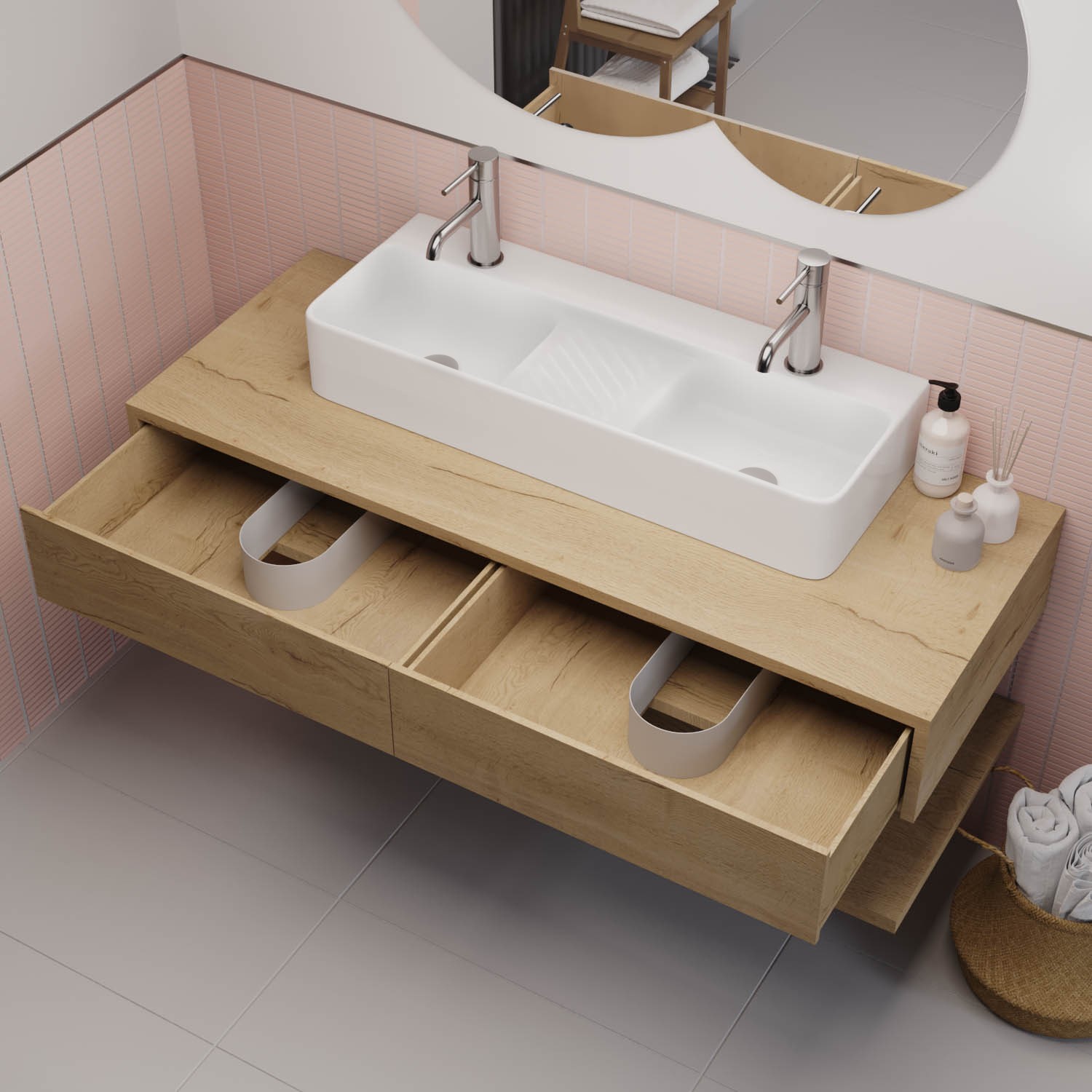 1200mm Wood Effect Wall Hung Double Countertop Vanity Unit with Basin ...