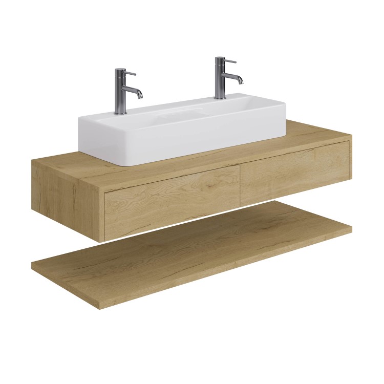 1200mm Wood Effect Wall Hung Double Countertop Vanity Unit with Basin and Shelf - Lugo