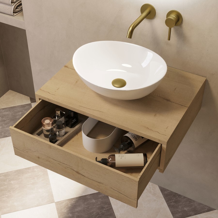 600mm Oak Wood Effect Wall Hung Countertop Vanity Unit with Oval Basin - Lugo