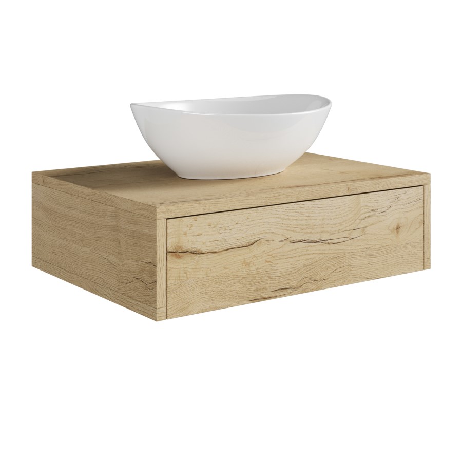 600mm Oak Wood Effect Wall Hung Countertop Vanity Unit with Oval Basin - Lugo