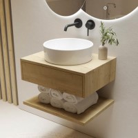 Grade A1 - 600mm Oak Wall Hung Countertop Vanity Unit with Round Basin and Shelves - Lugo