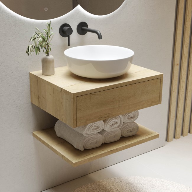 600mm Wood Effect Wall Hung Countertop Vanity Unit with Round Basin and Shelf - Lugo