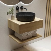 600mm Oak Wall Hung Countertop Vanity Unit with Black Marble Effect Basin and Shelves - Lugo